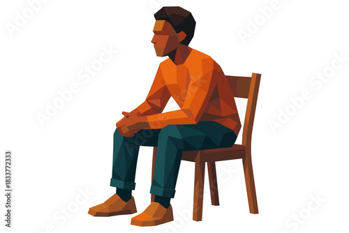 Low poly art style man sitting on chair with orange shirt