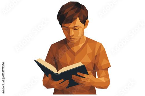 Low poly art of boy reading a book in geometric style