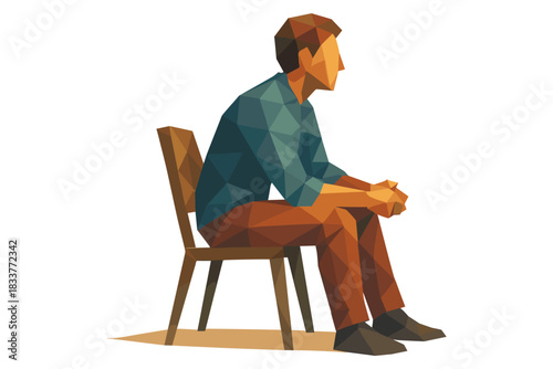 Low poly art of seated person facing away in thoughtful pose on chair
