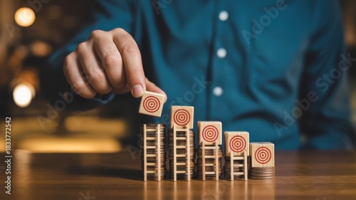 Person places small wooden block with bullseye design atop ascending stack of coins and small ladder structure