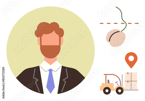 Man in suit and tie alongside logistic elements thumbs up shipping box, forklift, map pin, and crane hook. Ideal for logistics, supply chain, delivery, transportation, warehouse business