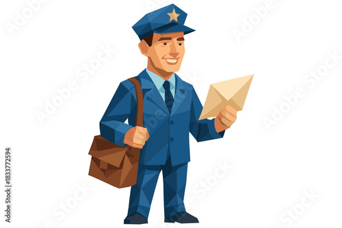 Cheerful mailman in uniform holding letter in geometric style