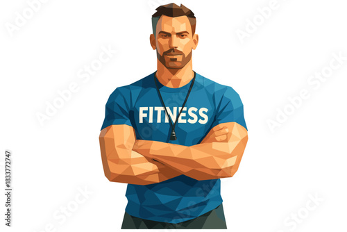 Geometric portrait of muscular man in fitness shirt with headphones