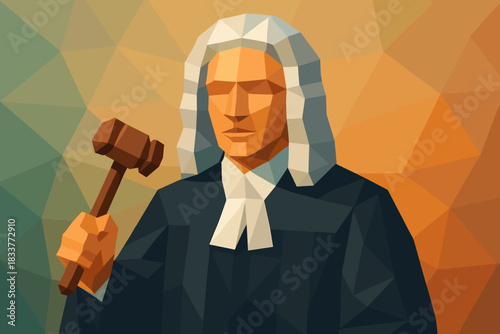 Polygonal art judge holding gavel depicting law and justice concept in low poly style
