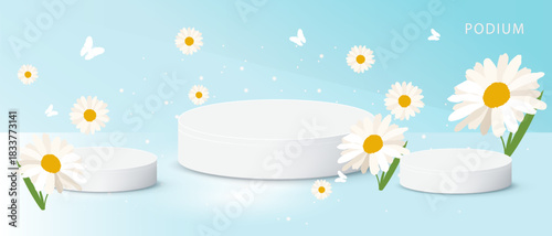 Spring,summer product display with white podiums, floating daisies, and butterflies on a gentle blue background. Perfect for beauty, fashion, or seasonal product showcases and promotions. Vector