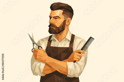 Geometric barber art with scissors and comb in low poly style