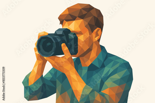 Geometric portrait of photographer capturing with camera in low poly art style