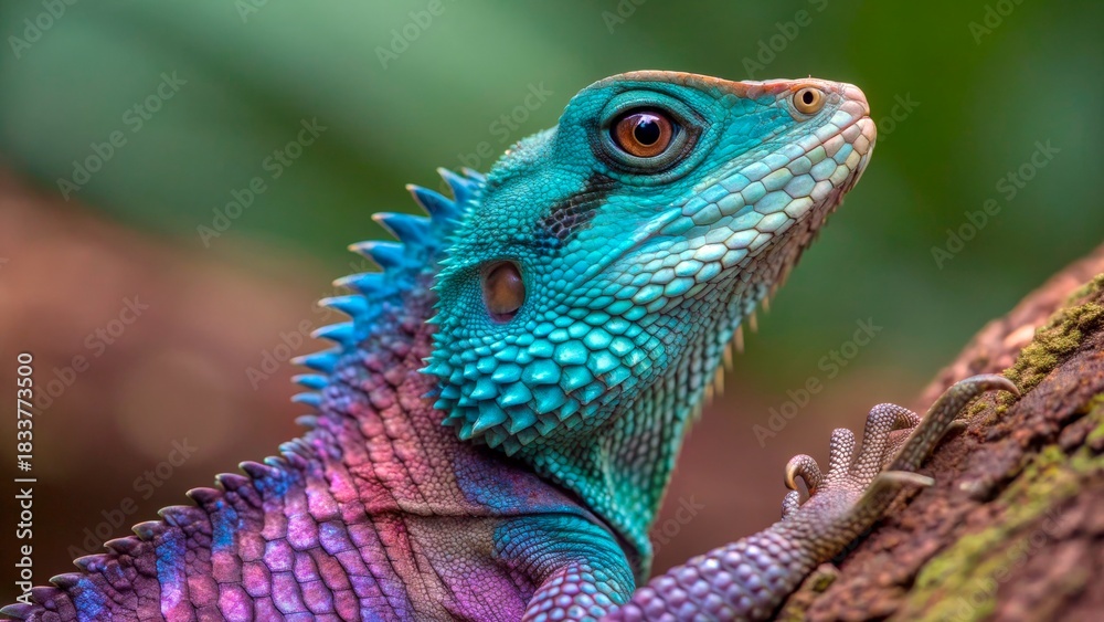 Fototapeta premium Colorful lizard climbing on a tree branch in a lush forest environment