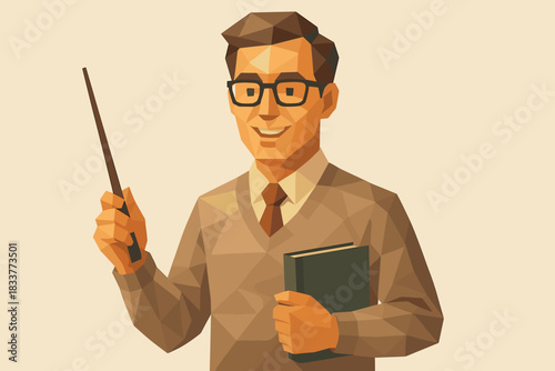 Geometric teacher holding book and pointer in polygonal art style