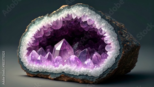 Beautiful amethyst geode with sparkling crystals and stunning purple hues illuminated by soft light