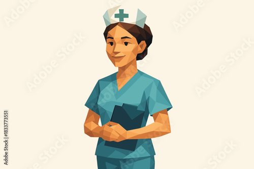 Geometric nurse in uniform holding clipboard: low poly healthcare professional art