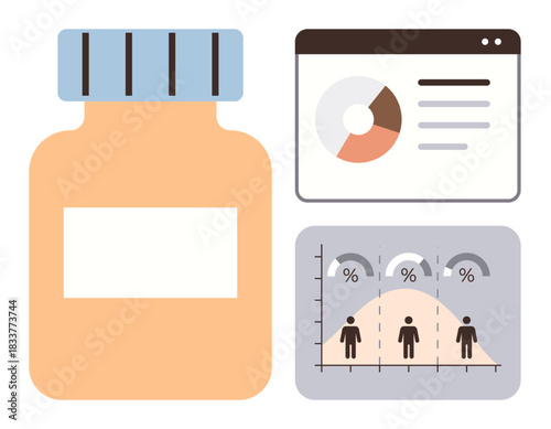 Pill bottle alongside pie chart and bell curve graph visualizing health statistics and demographics. Ideal for healthcare, data analysis, medical studies, pharmaceutical marketing, patient trends