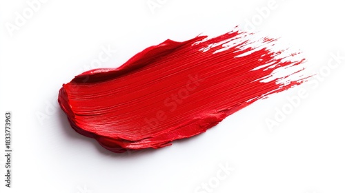 walgreens. Bright red lipstick texture smear, showcasing creamy cosmetic product detail on a clean white background. lifestyle magazines.