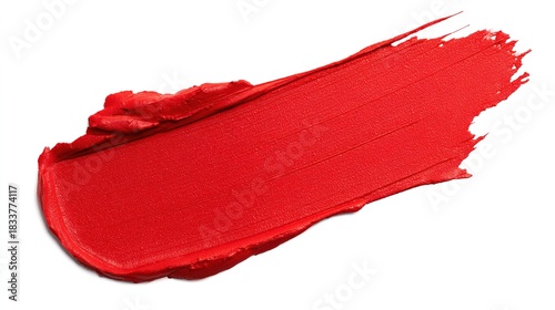 walgreens. Bright red lipstick texture smear, showcasing creamy cosmetic product detail on a clean white background. lifestyle magazines.