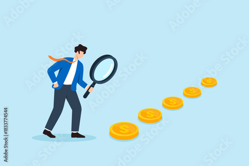 Flat illustration of businessman following golden coin trail with magnifying glass for financial planning and opportunity
