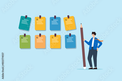 Flat illustration of businessman writing numbered colorful notes for task management and planning