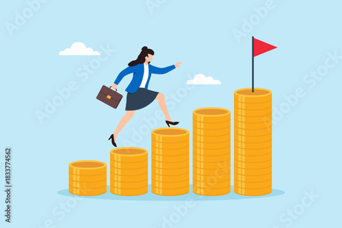 Flat illustration of businesswoman stepping on growing stack of gold coins toward goal flag for financial success and career growth