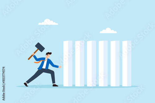 Flat illustration of businessman with hammer hitting standing pillars symbolizing chain reaction and domino effect