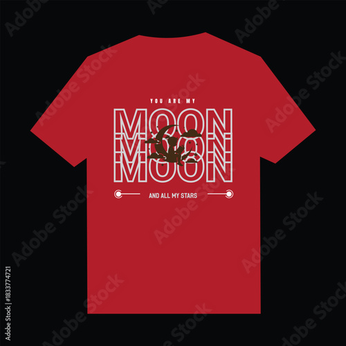 Red t shirt with graphic design of child reading on moon
