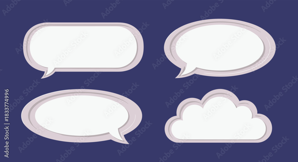 Naklejka premium Set of four blank speech bubbles in a modern paper cut style with soft purple outlines on a dark navy blue background.