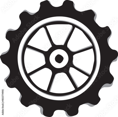Black gear with white background isolated on white background
A detailed illustration of a black gear set against a white backdrop. The gear's design is intricate, showcasing precision and mechanical 