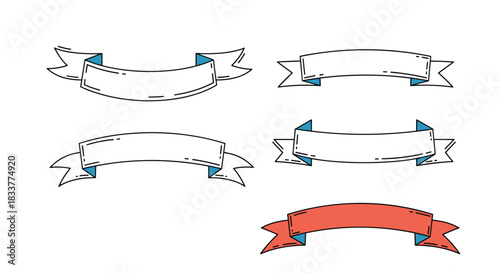 Set of five hand-drawn vintage ribbon banners in different shapes for text headings titles and decorative graphic design.