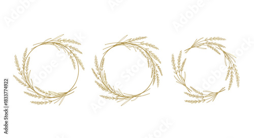 Set of three elegant golden wreaths made from hand-drawn wheat ears perfect for rustic wedding or bakery logo designs.