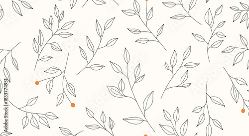 Seamless botanical pattern with delicate hand-drawn branches and leaves for minimalist textile or wallpaper background design.