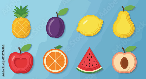 Colorful set of various fruits designed in a modern paper cut style including apple orange and pineapple on a blue background.