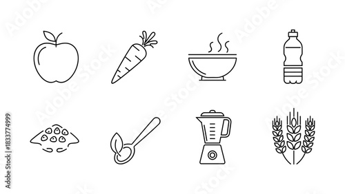 Line art food and kitchen icons collection for healthy living and cooking concepts