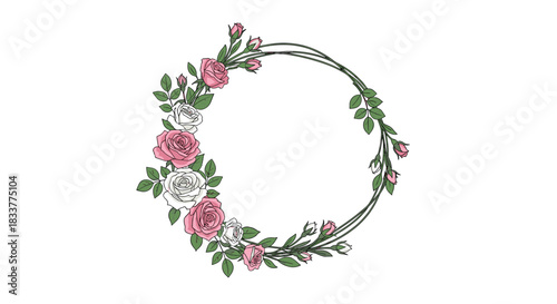 Beautiful circular floral frame with delicate pink and white roses green leaves and buds for a romantic wedding invitation design.