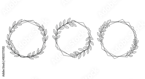 Set of three minimalist geometric frames decorated with hand-drawn leaf branches for modern wedding invitations or logos.