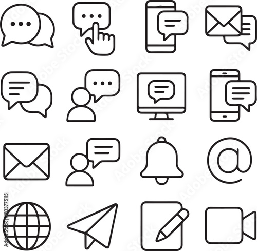 Clean digital communication outline icons for messaging apps and teamwork