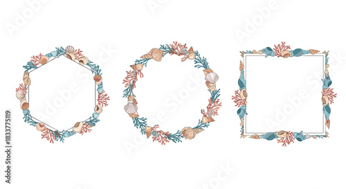 Set of decorative marine-themed frames with seashells coral and algae for summer wedding invitations or beach party decor.