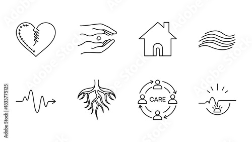Simple black linear icons of health, heartbeat, and home care themes
