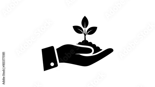 Silhouette hand holding plant with soil symbolizing growth and sustainability
