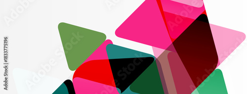 Abstract geometric shapes overlap, creating vibrant color blocks. Composition features pinks, reds, greens, blacks, whites. Minimalist design.