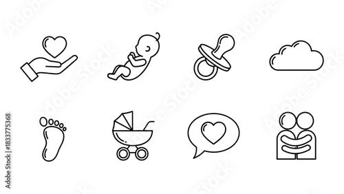 Minimalist baby care icons: line art of newborn essentials and family love