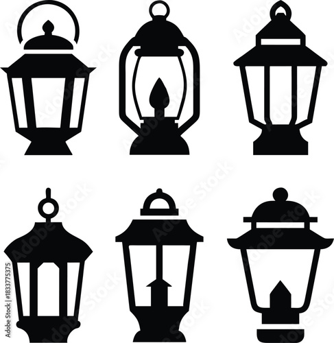 Collection of Vintage Lanterns and Stork Bird Silhouettes Vector Pack