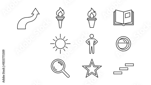 Minimalist outline icons: arrow, torch, book, sun, person, target, magnifying glass, star, stairs