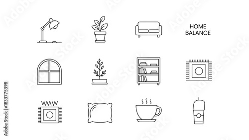 Minimalist home interior icon set with furniture, plants, and decor elements