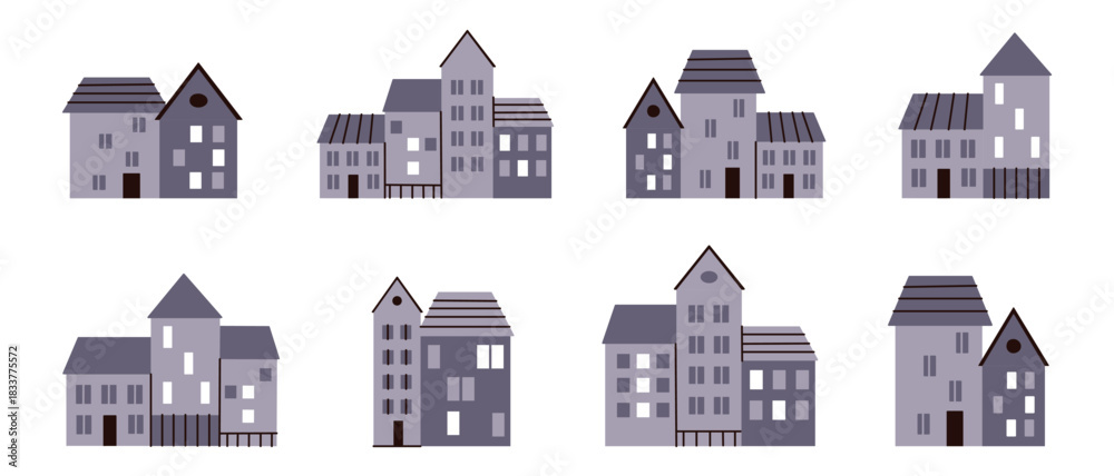 Fototapeta premium Flat cartoon vector illustration, cute city houses set with simple roofs and windows, minimalist doodle elements for background design, urban mood, decorative collection for creative projects