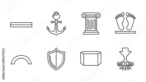 Minimalist linear icons: anchor, column, shield, root, footprints, rainbow, brick, horizontal bar