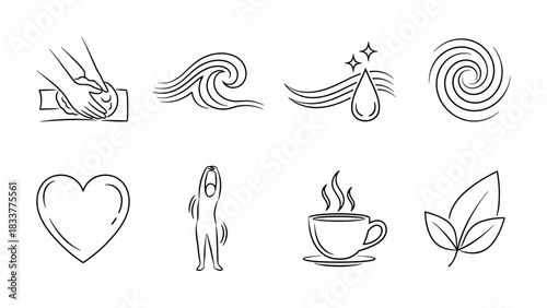 Minimalist line art icons of nature, relaxation, and wellness themes
