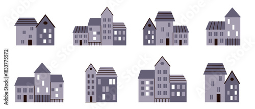 Flat cartoon vector illustration, cute city houses set with simple roofs and windows, minimalist doodle elements for background design, urban mood, decorative collection for creative projects