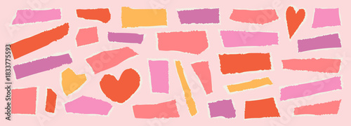 Valentine's day torn edge paper stickers. Vector romantic ripped papers. Distressed edge scrapbook collage headlines. Irregular square, rectangular and heart shape collage pieces. Girly tear strips bg