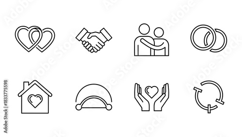 Minimalist outline icons: love, partnership, and community