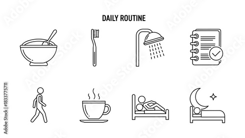 Minimalist daily routine icons: morning to evening activities illustrated