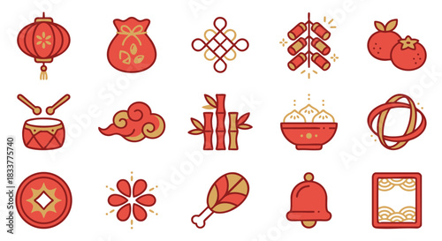 Celebrate Lunar New Year with festive icons symbolizing prosperity and good fortune now