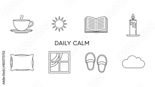 Daily calm icons collection: minimalist line art for tranquil lifestyle themes